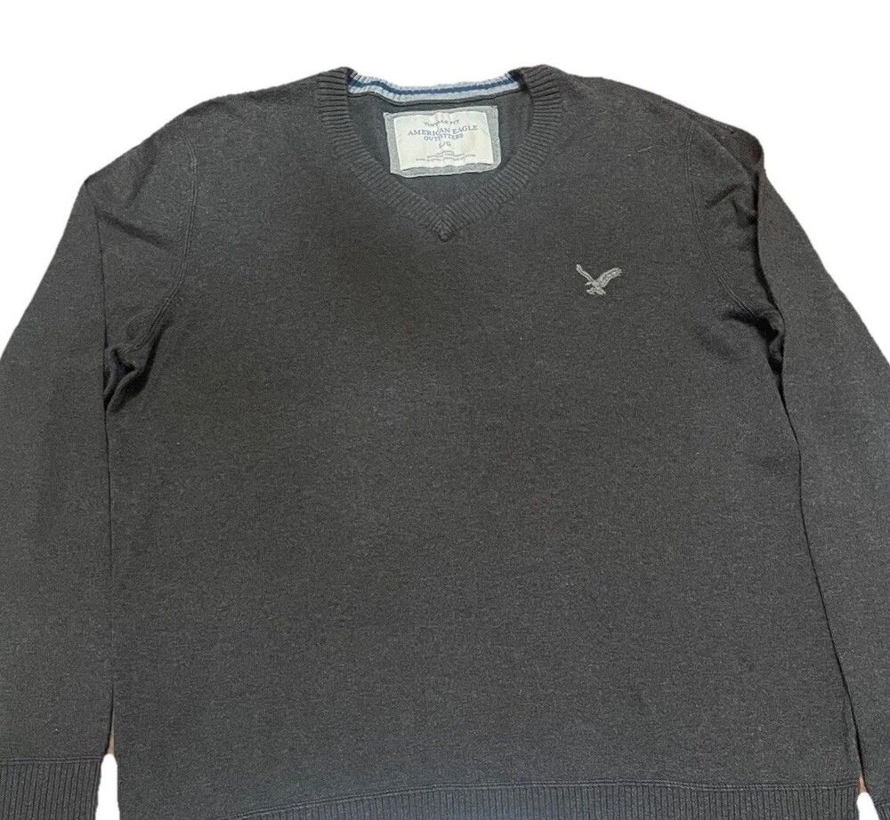 American Eagle Mens Sweater Large Gray V-Neck Pullover Knit Preppy Grandpacore L